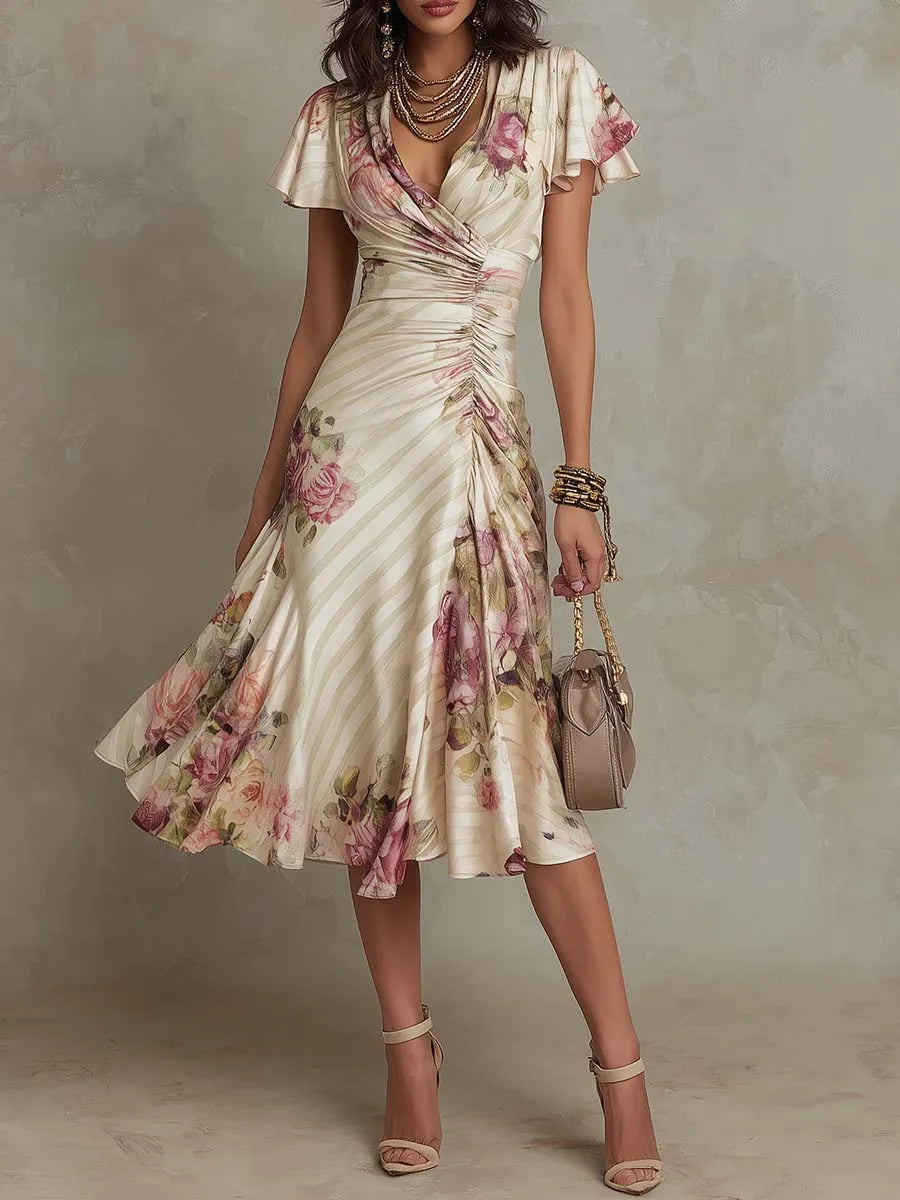 Vestido de Invitada de Boda Midi Elegante con Flores y Fruncido
