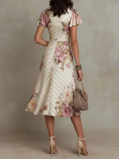 Vestido de Invitada de Boda Midi Elegante con Flores y Fruncido