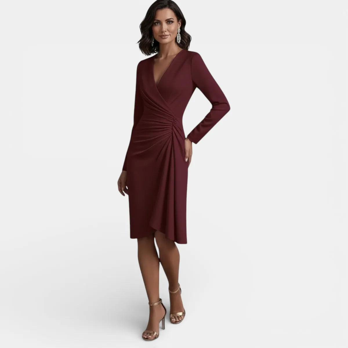 Vestido de Invitada de Boda Midi Elegante con Fruncido