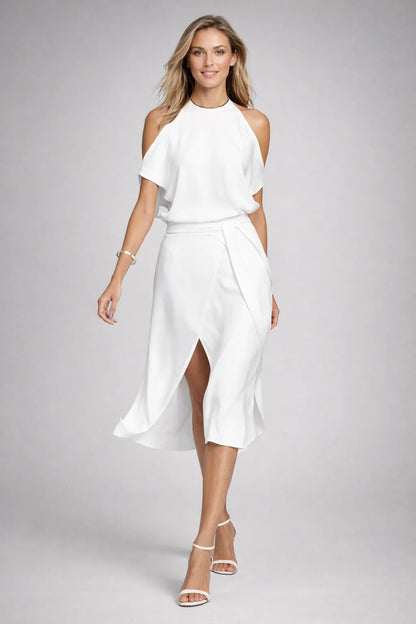 Vestido de Invitada de Boda Midi Elegante con Hombros Descubiertos