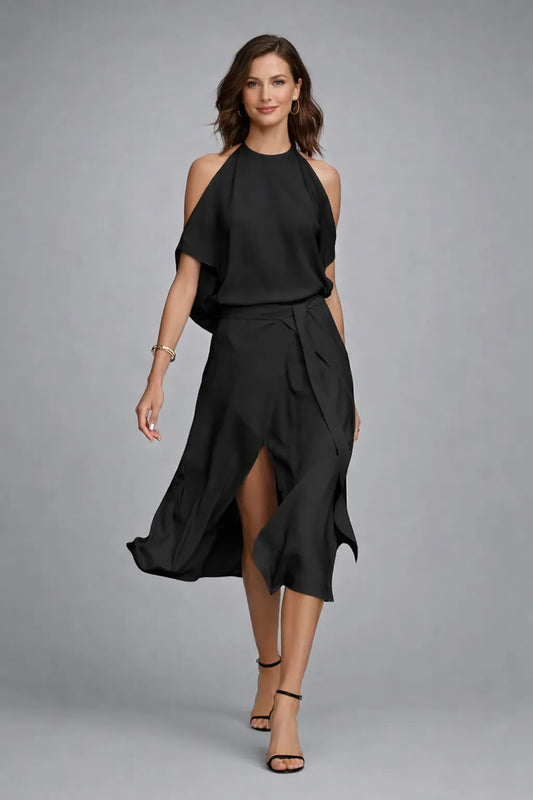 Vestido de Invitada de Boda Midi Elegante con Hombros Descubiertos