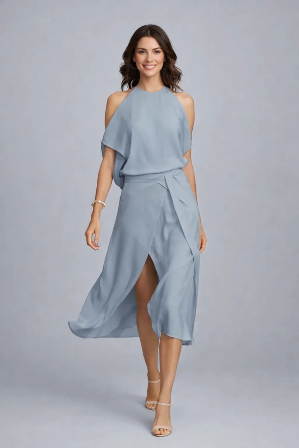 Vestido de Invitada de Boda Midi Elegante con Hombros Descubiertos
