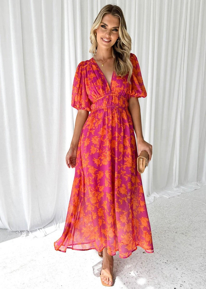 Vestido de Invitada de Boda Midi Elegante con Manga Abullonada