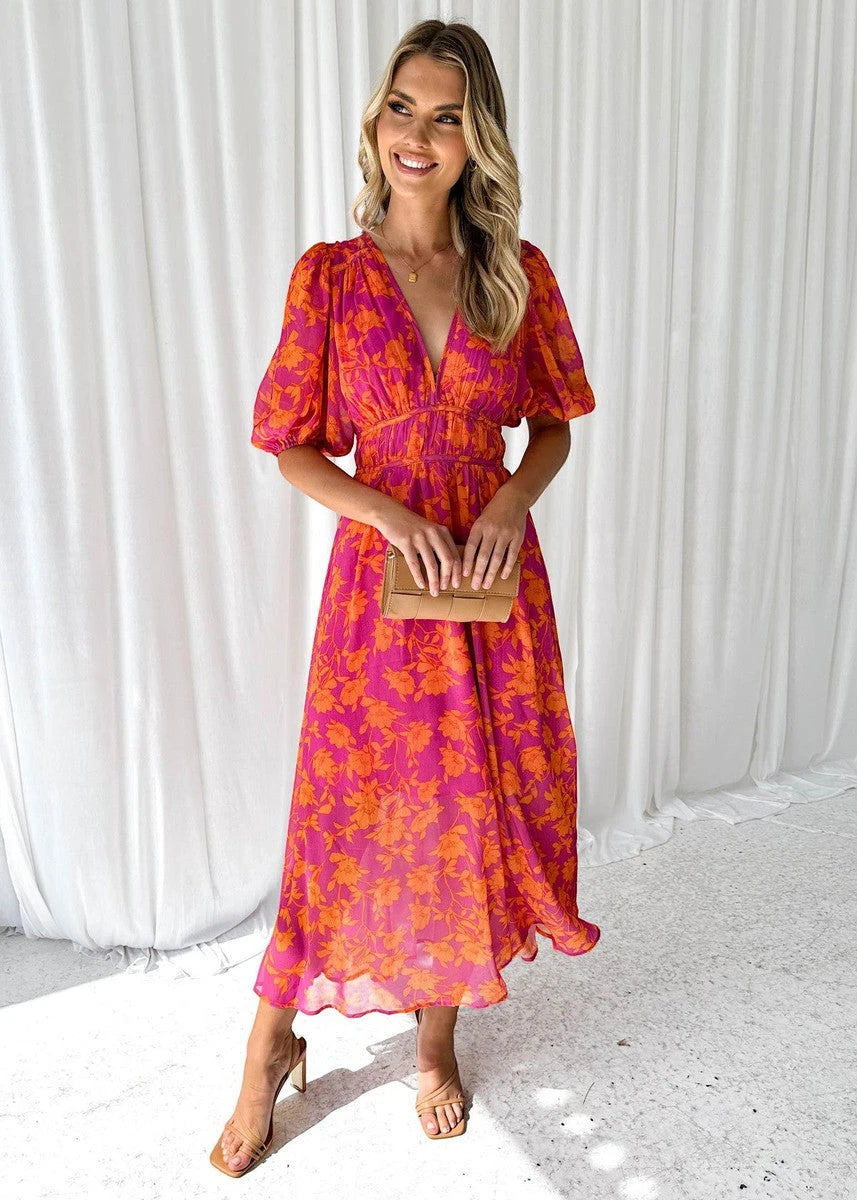 Vestido de Invitada de Boda Midi Elegante con Manga Abullonada