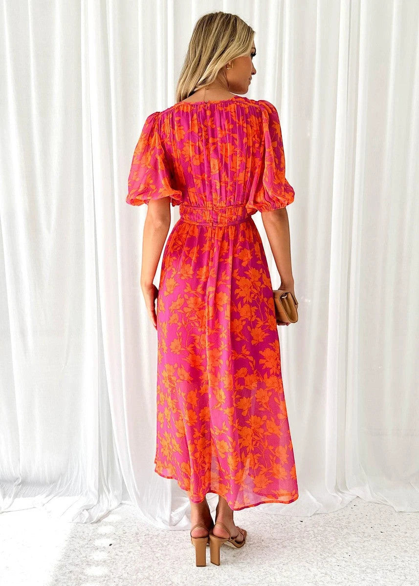 Vestido de Invitada de Boda Midi Elegante con Manga Abullonada