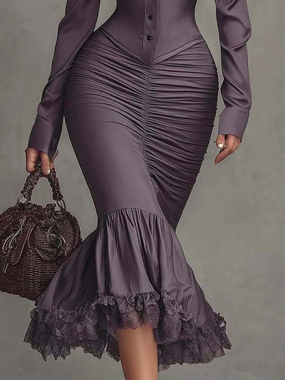 Vestido de Invitada de Boda Midi Elegante con Manga Larga y Drapeado