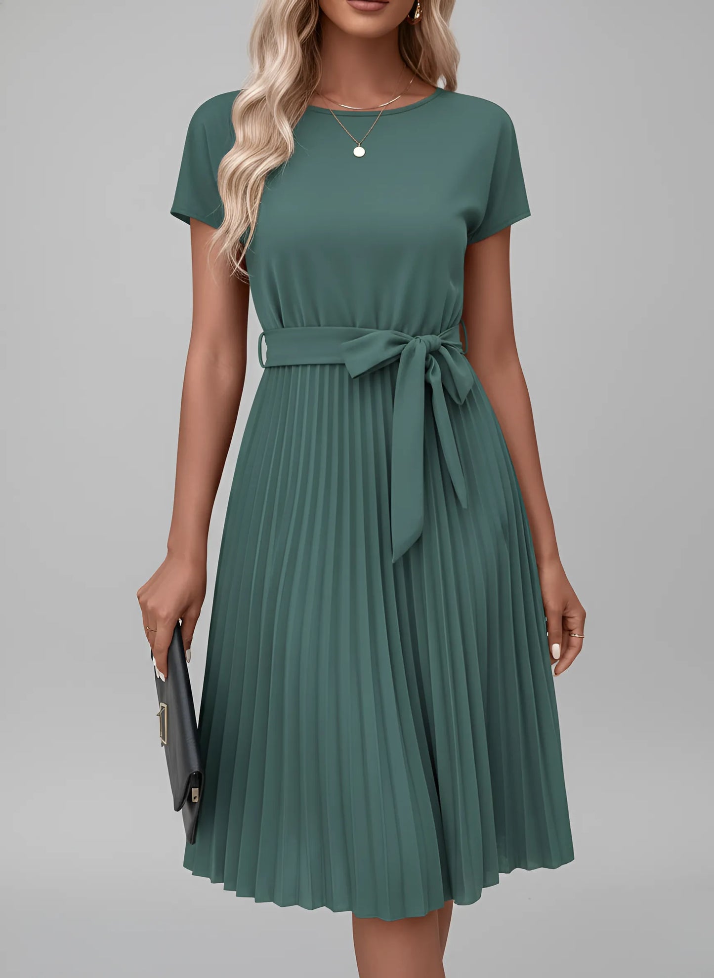 Vestido de Invitada de Boda Midi Elegante con Plisado y Cinturón