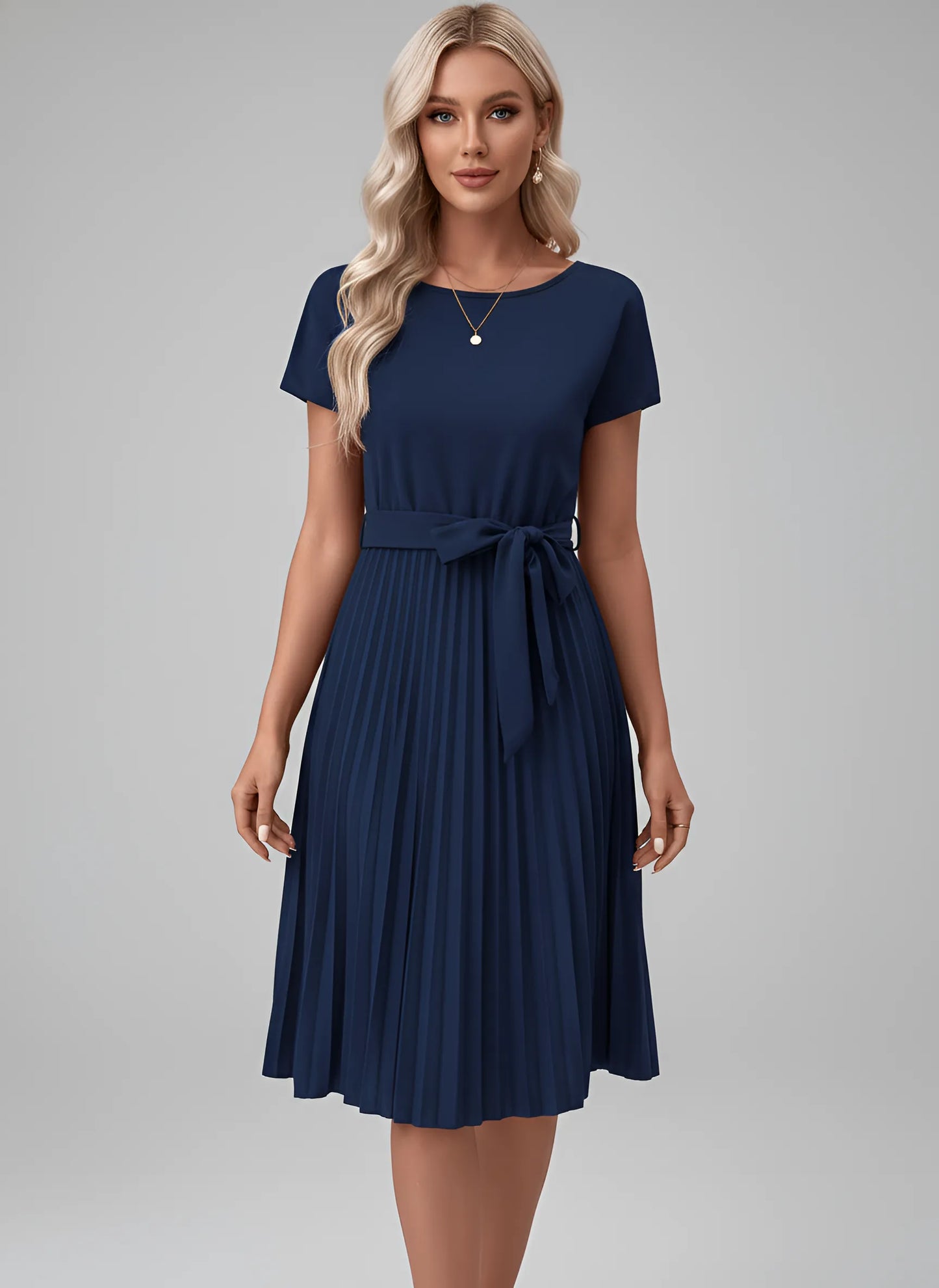 Vestido de Invitada de Boda Midi Elegante con Plisado y Cinturón