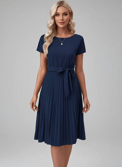 Vestido de Invitada de Boda Midi Elegante con Plisado y Cinturón