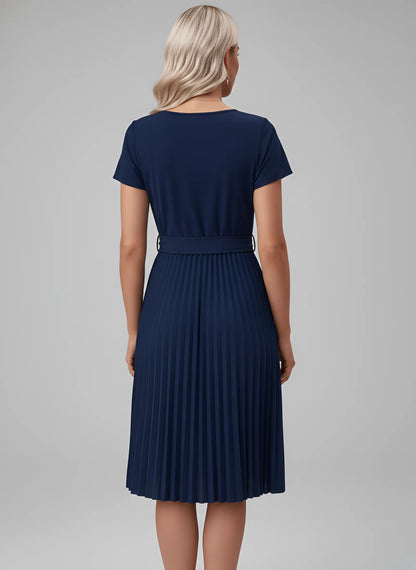 Vestido de Invitada de Boda Midi Elegante con Plisado y Cinturón