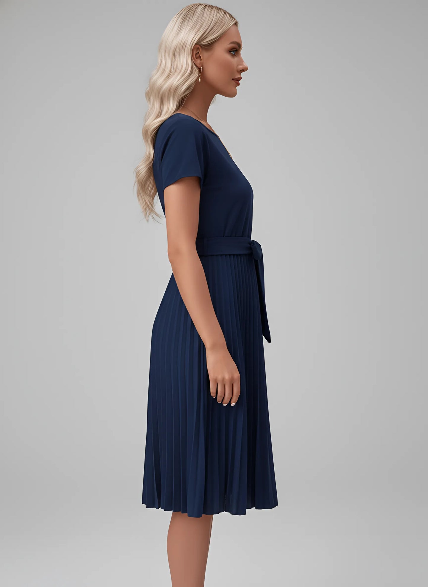 Vestido de Invitada de Boda Midi Elegante con Plisado y Cinturón