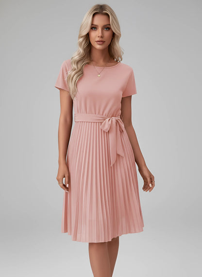 Vestido de Invitada de Boda Midi Elegante con Plisado y Cinturón