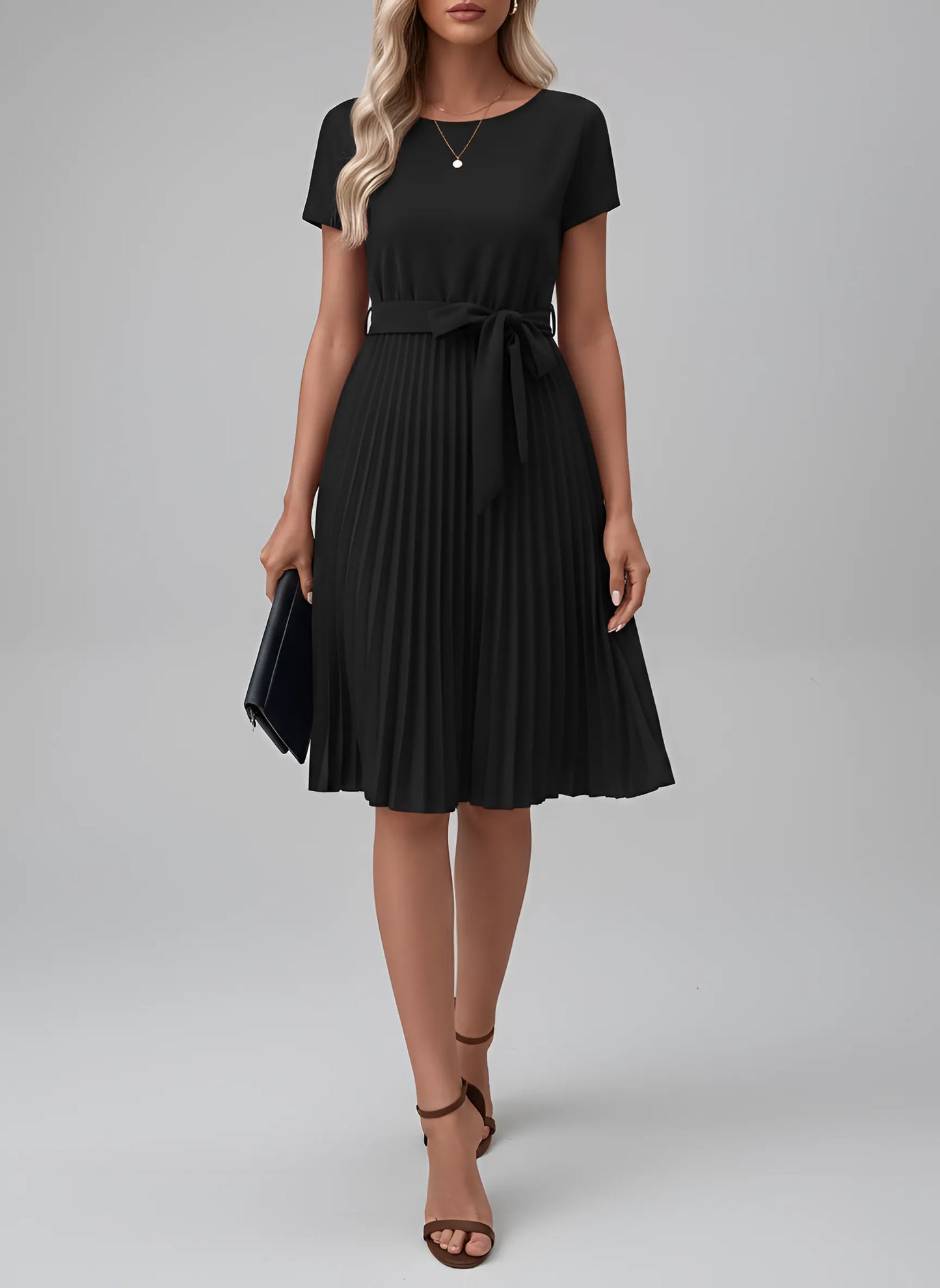 Vestido de Invitada de Boda Midi Elegante con Plisado y Cinturón