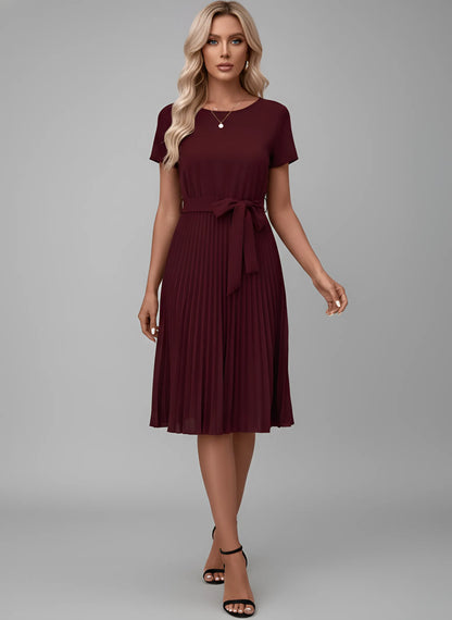 Vestido de Invitada de Boda Midi Elegante con Plisado y Cinturón