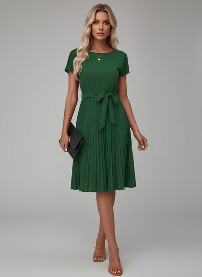 Vestido de Invitada de Boda Midi Elegante con Plisado y Cinturón