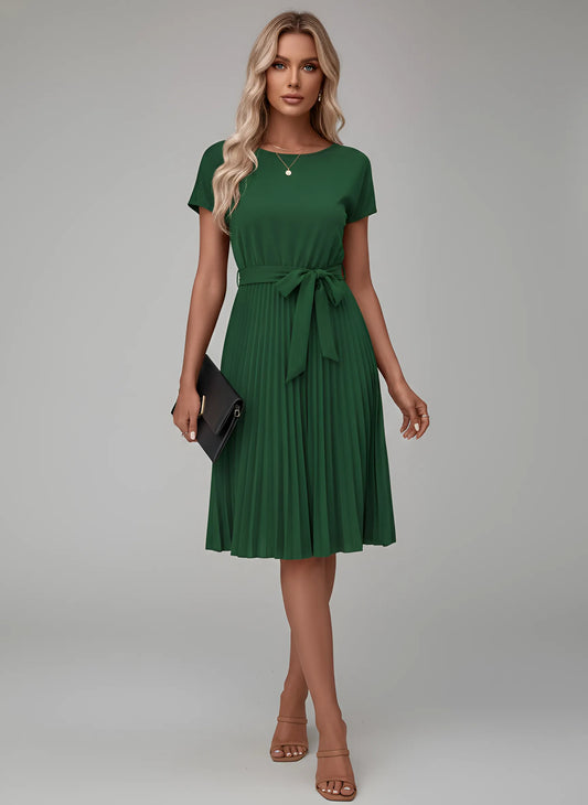 Vestido de Invitada de Boda Midi Elegante con Plisado y Cinturón