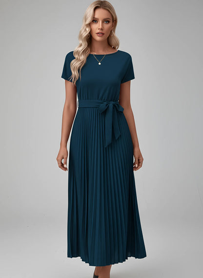 Vestido de Invitada de Boda Midi Elegante con Plisado y Cinturón