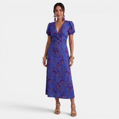 Vestido de Invitada de Boda Midi Elegante de Flores con Manga Corta