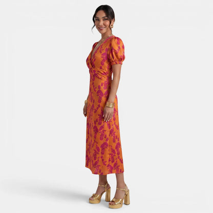 Vestido de Invitada de Boda Midi Elegante de Flores con Manga Corta