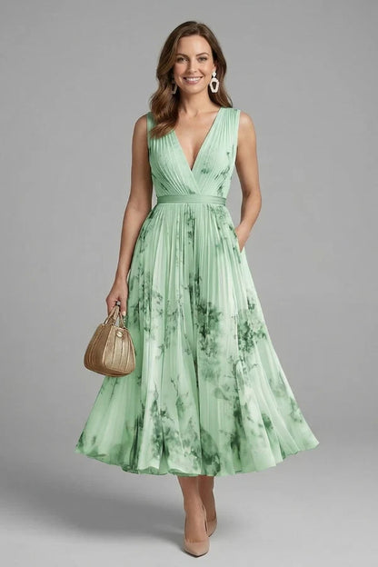 Vestido de Invitada de Boda Midi Elegante de Flores con Plisado