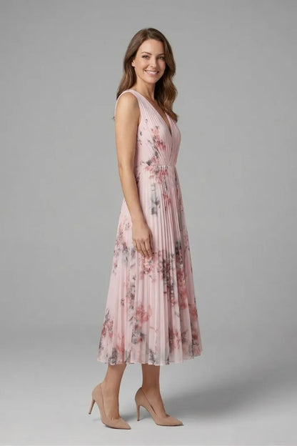 Vestido de Invitada de Boda Midi Elegante de Flores con Plisado