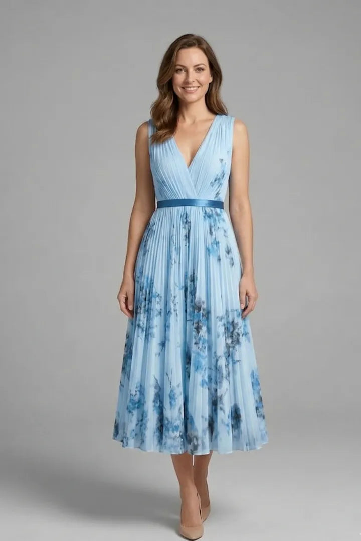 Vestido de Invitada de Boda Midi Elegante de Flores con Plisado