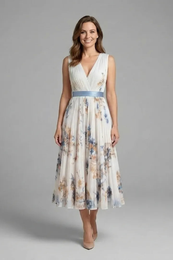 Vestido de Invitada de Boda Midi Elegante de Flores con Plisado