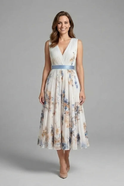 Vestido de Invitada de Boda Midi Elegante de Flores con Plisado