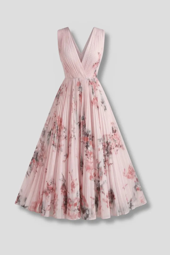 Vestido de Invitada de Boda Midi Elegante de Flores con Plisado