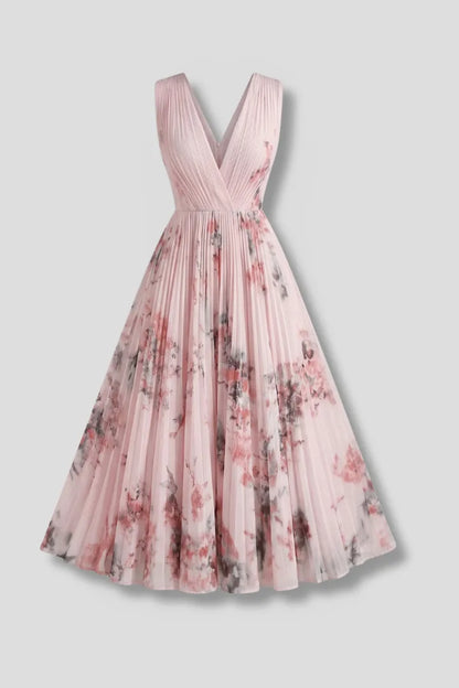 Vestido de Invitada de Boda Midi Elegante de Flores con Plisado