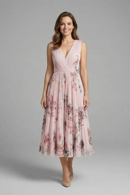 Vestido de Invitada de Boda Midi Elegante de Flores con Plisado