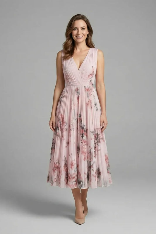 Vestido de Invitada de Boda Midi Elegante de Flores con Plisado
