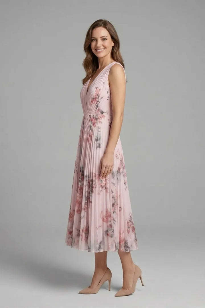Vestido de Invitada de Boda Midi Elegante de Flores con Plisado