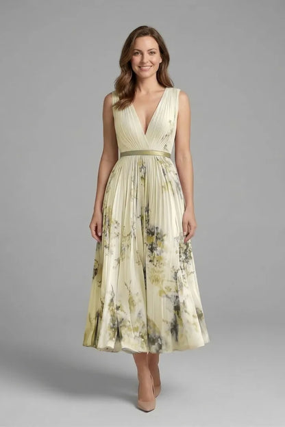 Vestido de Invitada de Boda Midi Elegante de Flores con Plisado