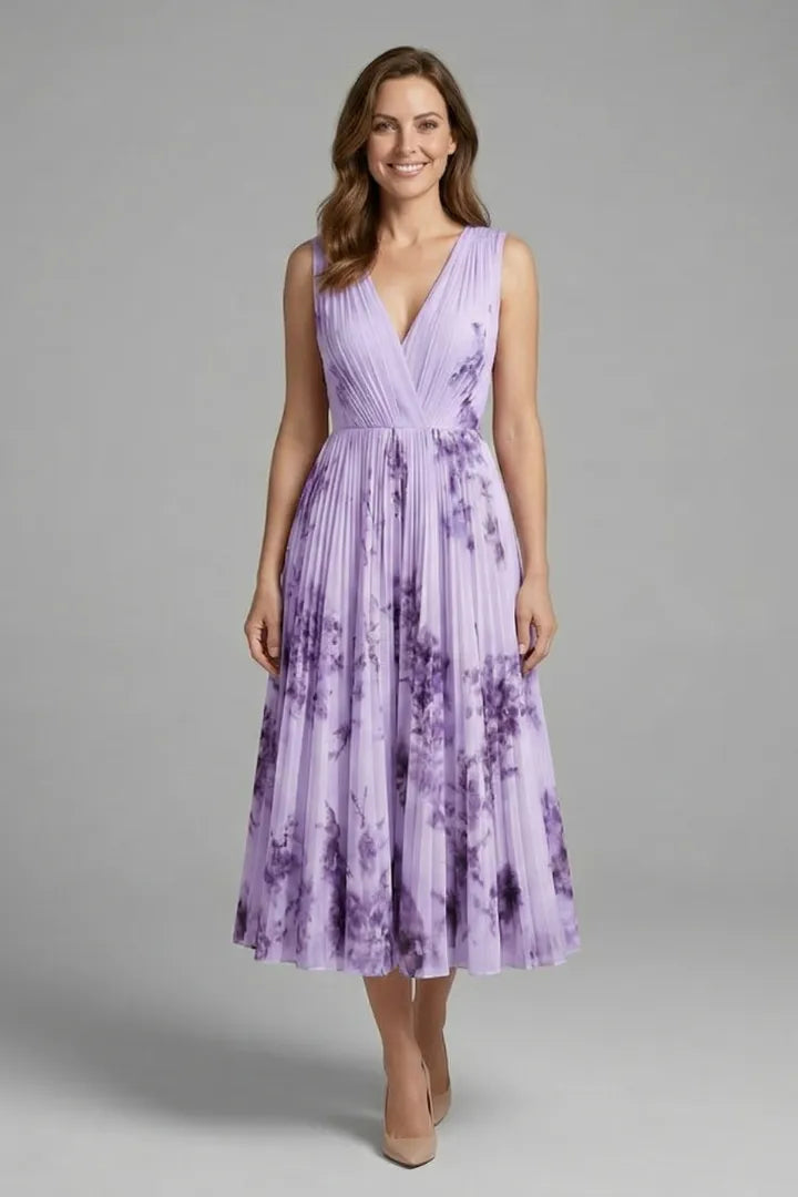 Vestido de Invitada de Boda Midi Elegante de Flores con Plisado