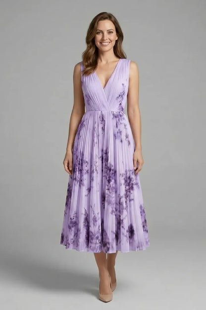 Vestido de Invitada de Boda Midi Elegante de Flores con Plisado