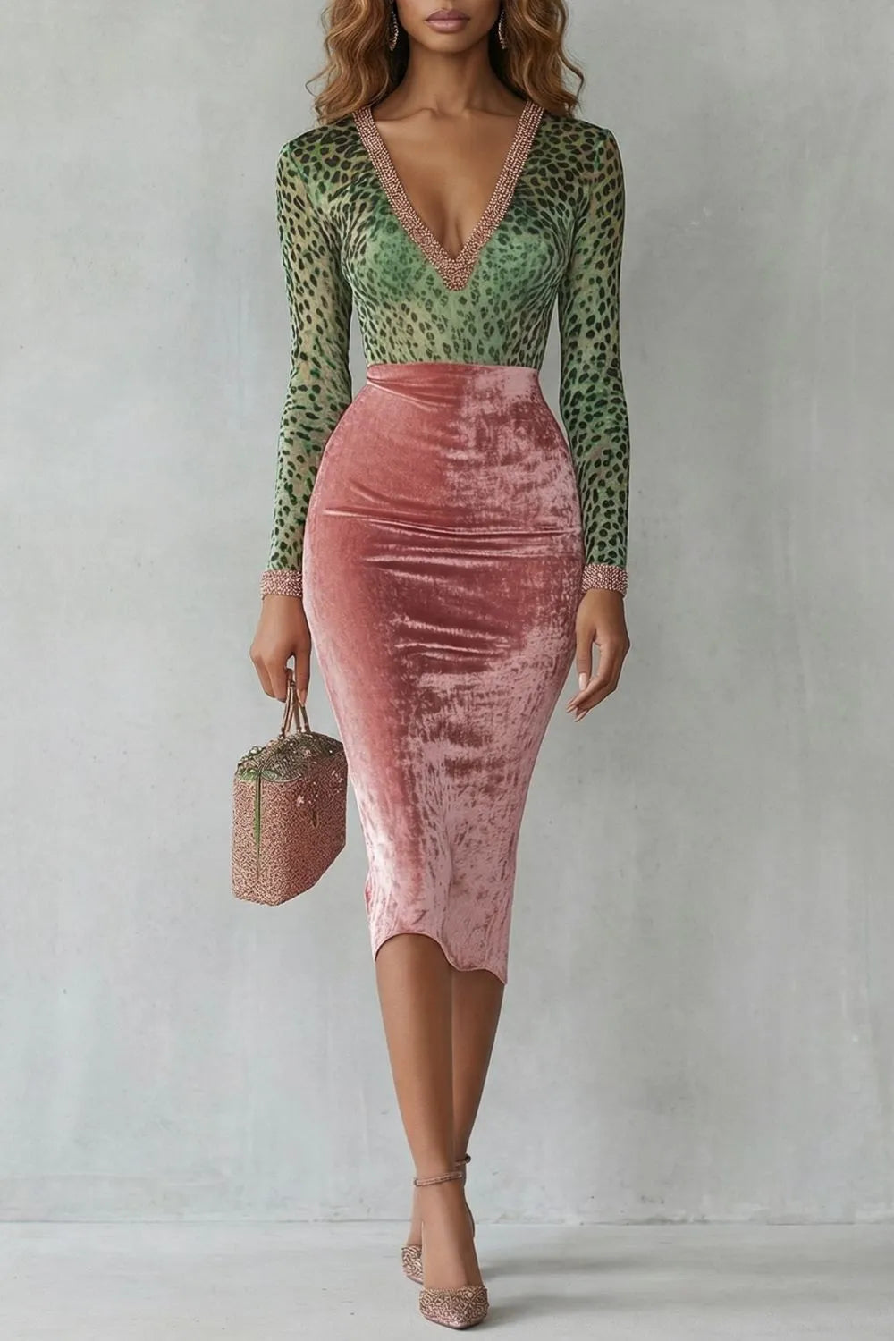 Vestido de Invitada de Boda Midi Elegante de Leopardo con Manga Larga y Cuello en V