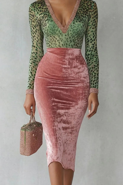 Vestido de Invitada de Boda Midi Elegante de Leopardo con Manga Larga y Cuello en V
