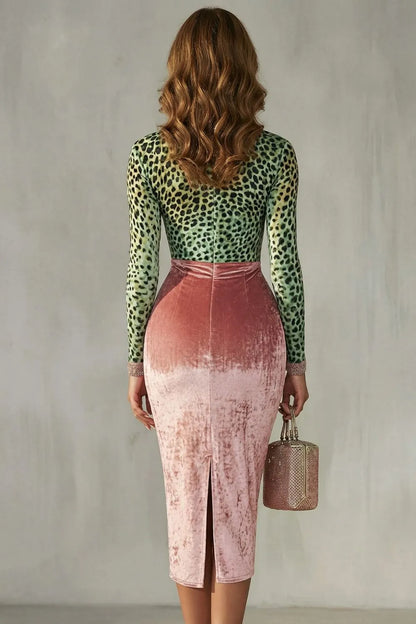 Vestido de Invitada de Boda Midi Elegante de Leopardo con Manga Larga y Cuello en V