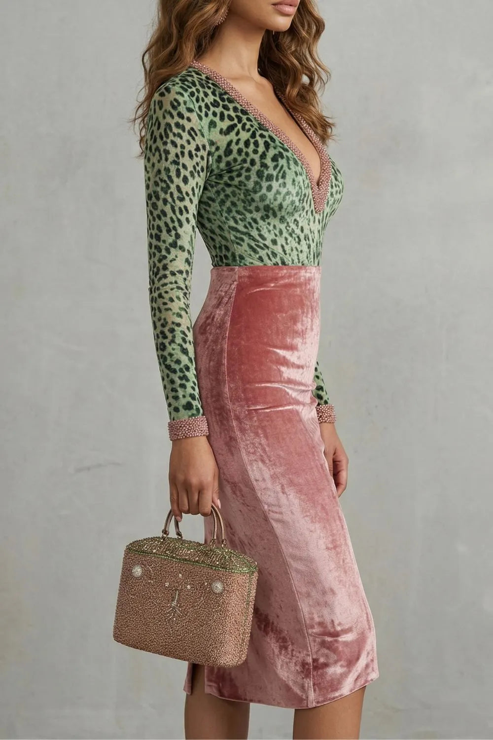 Vestido de Invitada de Boda Midi Elegante de Leopardo con Manga Larga y Cuello en V