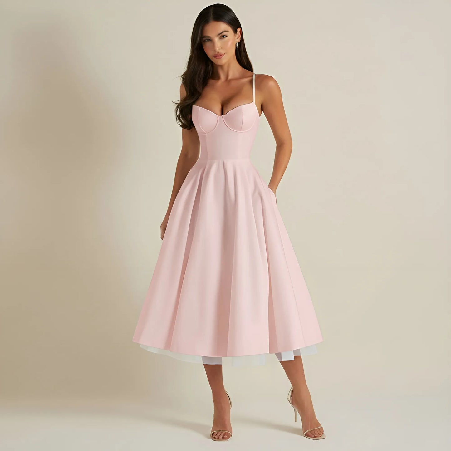 Vestido de Invitada de Boda Midi Elegante de Verano con Tirantes
