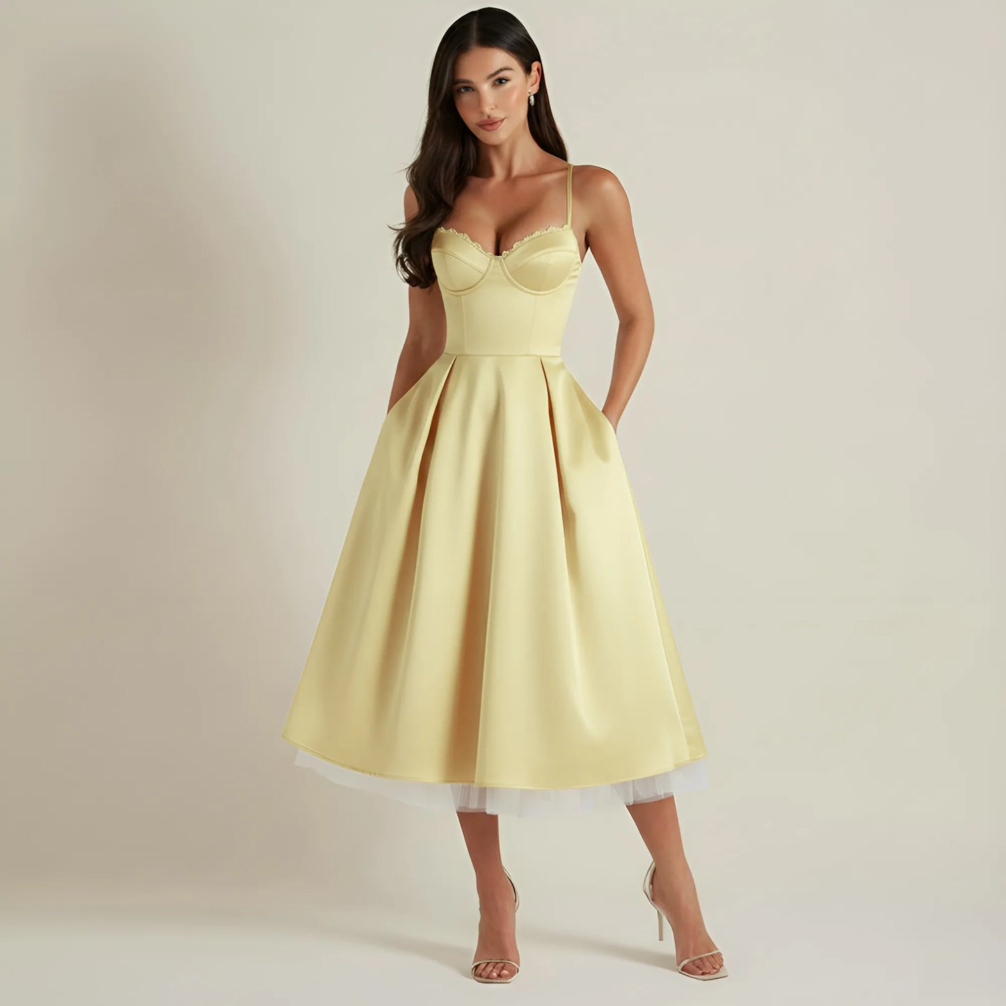Vestido de Invitada de Boda Midi Elegante de Verano con Tirantes