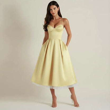 Vestido de Invitada de Boda Midi Elegante de Verano con Tirantes
