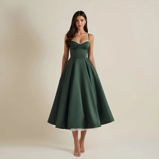 Vestido de Invitada de Boda Midi Elegante de Verano con Tirantes