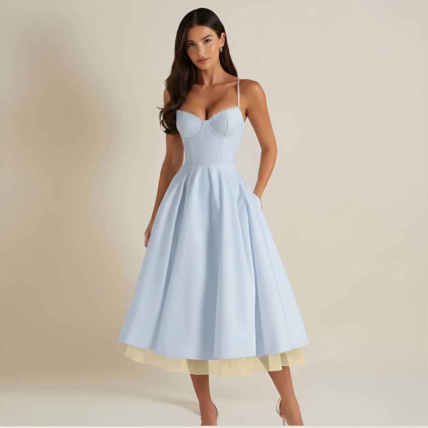 Vestido de Invitada de Boda Midi Elegante de Verano con Tirantes