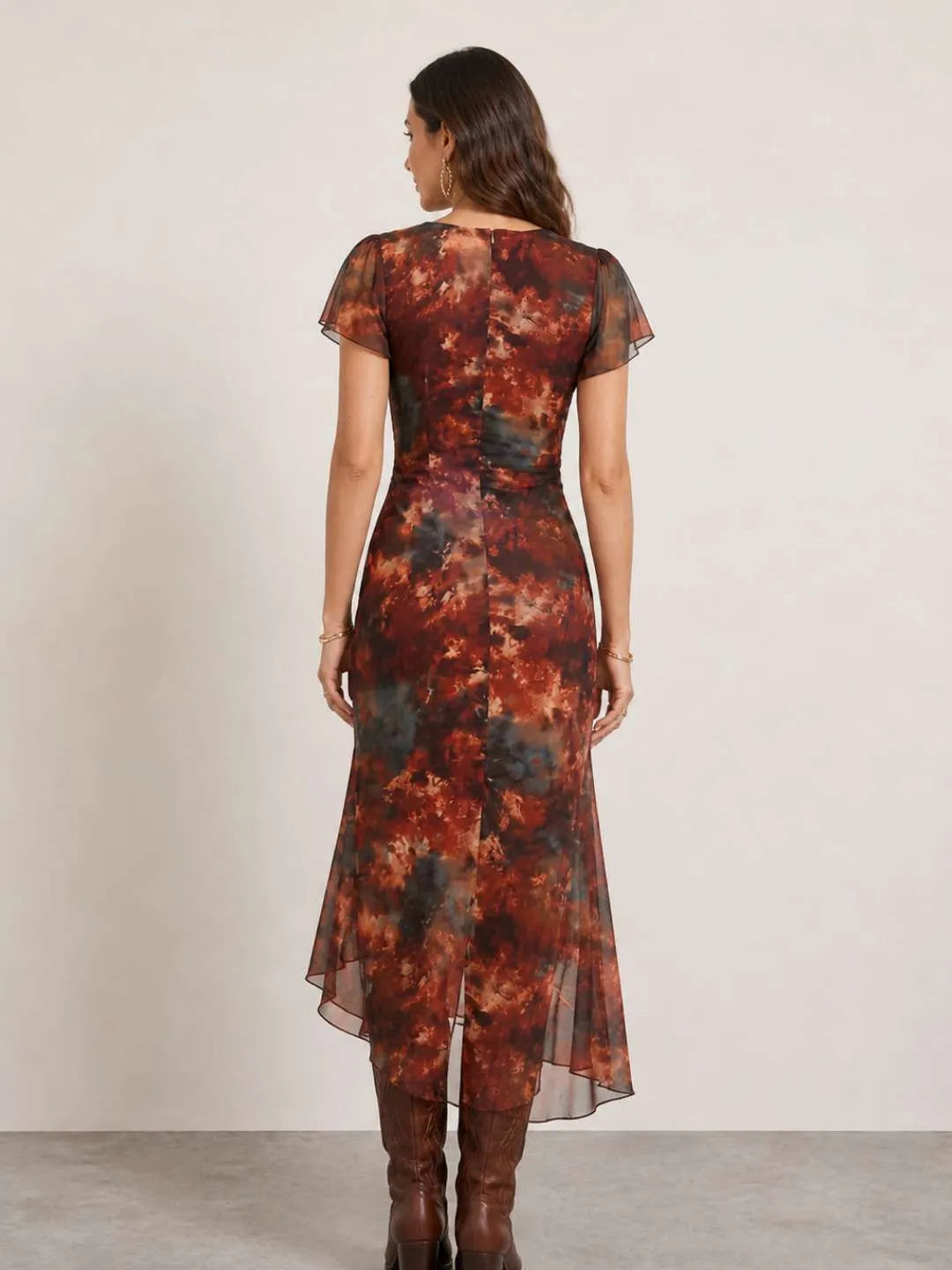 Vestido de Invitada de Boda Midi Estampado Elegante con Drapeado