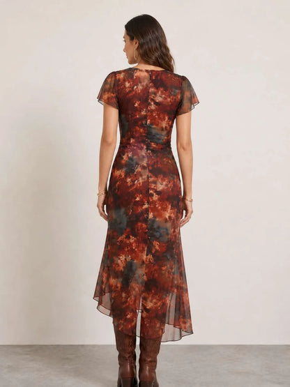Vestido de Invitada de Boda Midi Estampado Elegante con Drapeado