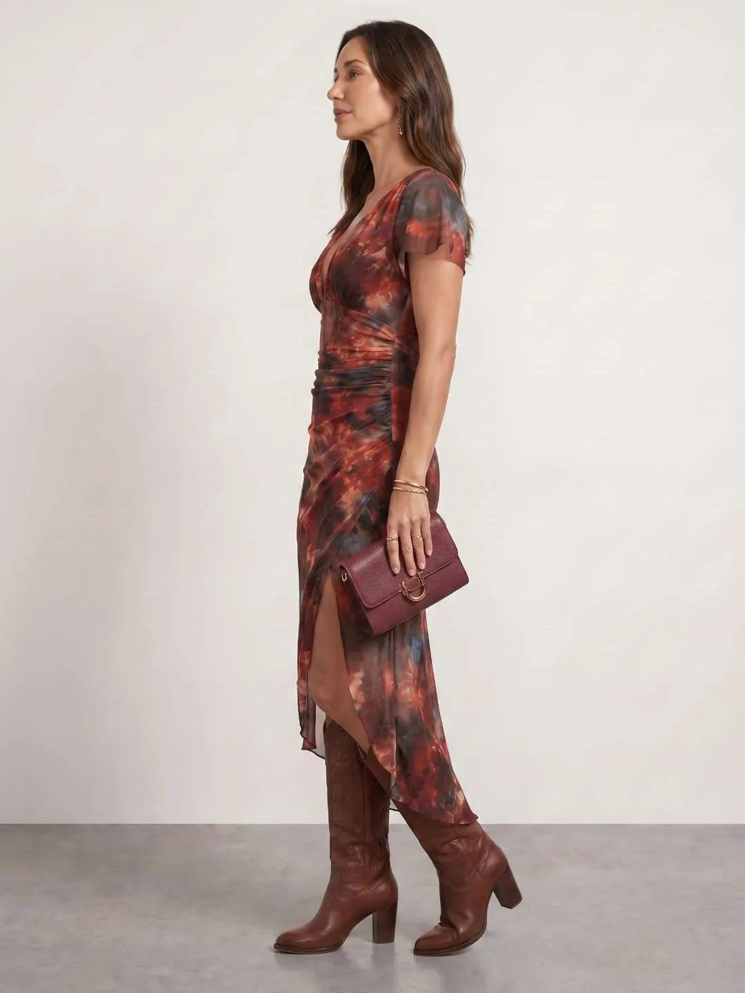 Vestido de Invitada de Boda Midi Estampado Elegante con Drapeado