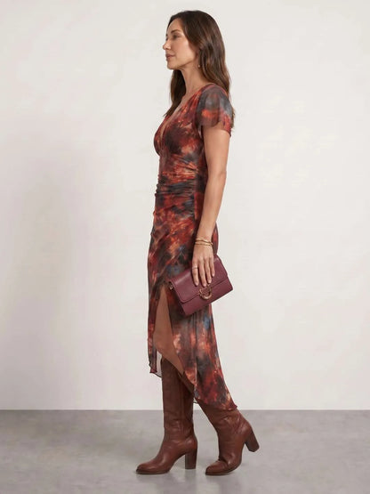 Vestido de Invitada de Boda Midi Estampado Elegante con Drapeado