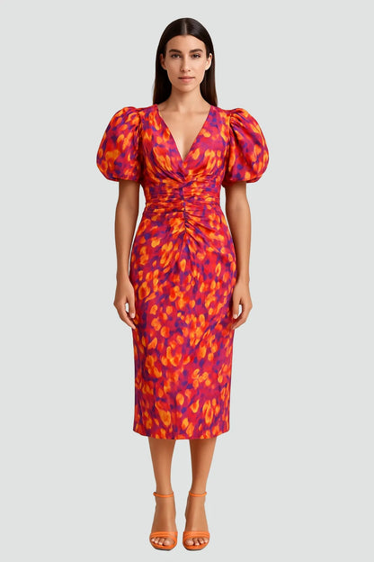 Vestido de Invitada de Boda Midi Estampado Elegante con Manga Abullonada